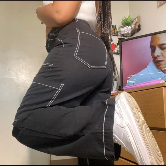 Black Straight Leg Pants with White Stitching - Picture 2 of 2